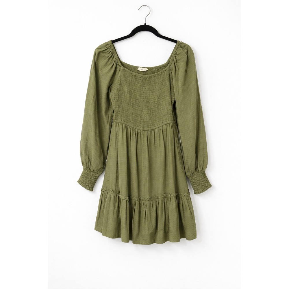 Promesa Olive Green Smocked Babydoll Cottagecore‎ Puff Sleeve Mini Dress size S